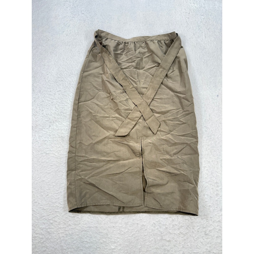 American Apparel Khaki Tan Tie Waist Pencil Skirt Front Slit Midi Size S